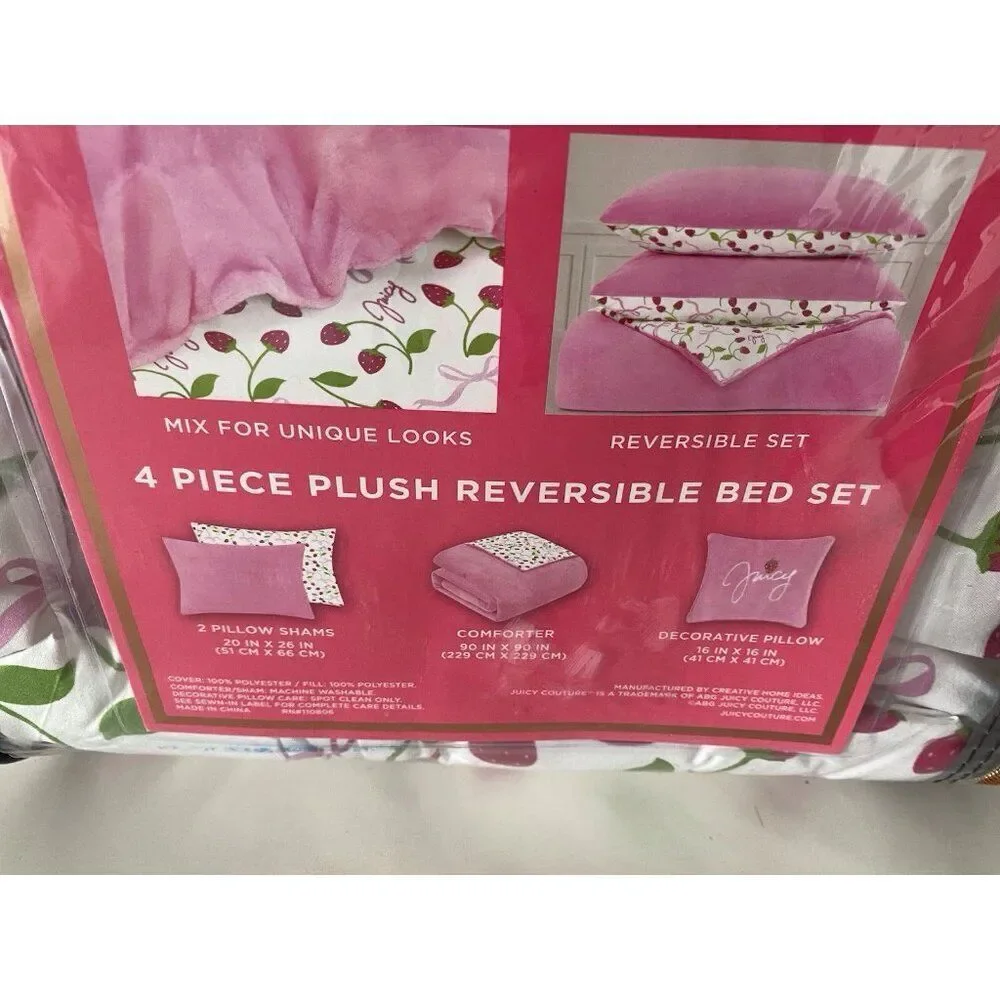 4 Pc Juicy Couture QUEEN Reversible Comforter Set Plush Pink Strawberries & Bows
